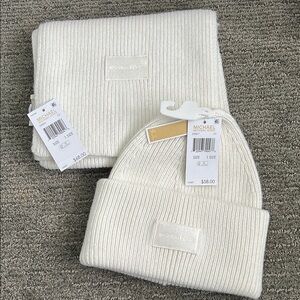 Michael Kors White Knit Beanie and Scarf Set
